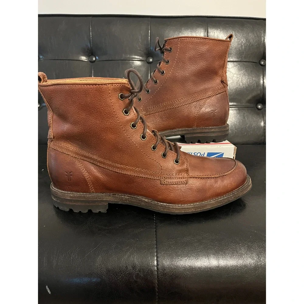 Frye Cognac Leather Moc Toe Lace Up  Lug Sole Boots